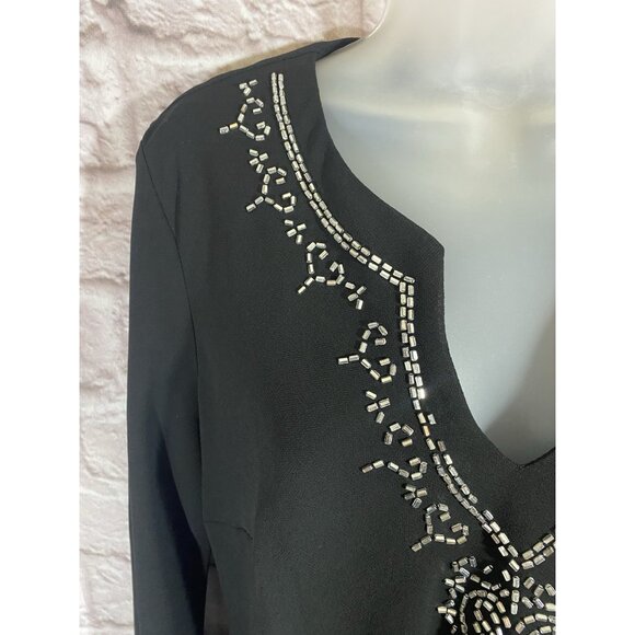 JR Nites By Caliendo Black Layered Tunic Top Silver Beads Asymmetrical Hemline 8 - Picture 7 of 10